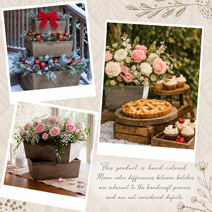 Dandat 6 Set Wooden Centerpiece Box for Wedding Table Decor 6 Inch Rustic Wood Planter Box with Removable Plastic Liner Flower Boxes for Party Wedding Baby Shower Home Garden Decor(Brown)