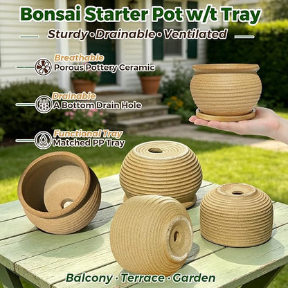 MUZHI Rustic 4 inch Bonsai Plant Pot with Bamboo Tray Set of 4, Unglazed Ceramic Succulent Cactus Pot Indoor Outerdoor with Drainage Hole