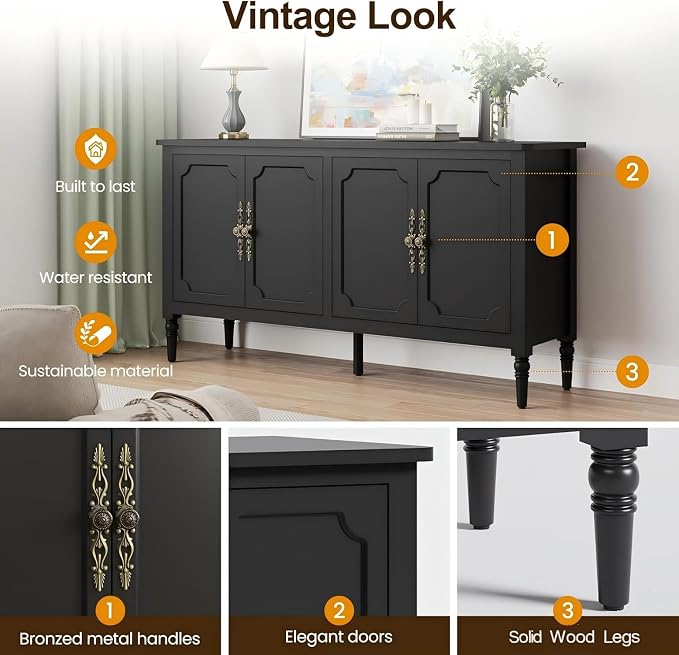 RoyalCraft Buffet Cabinet with Storage, 59" Vintage Sideboard with Adjustable Shelves, Mid Century Modern Painted Credenza Coffee Bar for Kitchen, Dining Room, Entryway, Living Room, Satin Black