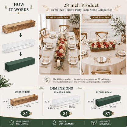 Dandat 1 Set Wood Boxes for Centerpieces 28x5 Inch Rectangle Wooden Planter Box Rustic Wood Planter with Removable Plastic Liner Floral Foam Blocks for Christmas Wedding Home Garden Decor(Dark Brown)