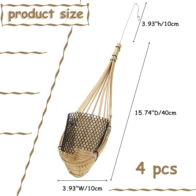 Yookeer 4 Pack Orchid Hanging Basket, 4 Inch Handmade Thai Bamboo Woven Hanging Planter Pot with Adjustable Metal Hook, Breathable Bird Nest Style Gift Basket for Orchids, Indoor Summer Decoration