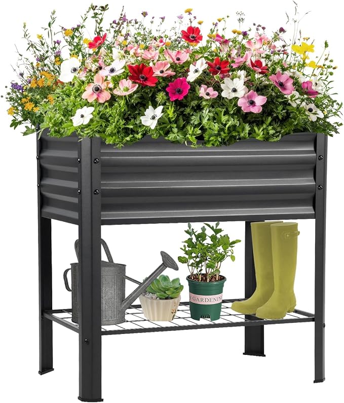Raised Garden Bed with Legs and Shelf, 2pcs 32"x20"x31.5" Powder Coated Elevated Metal Planter with Legs for Outdoor Vegetables, Standing Raised Beds for Balcony, Patio, Lawn and Backyard