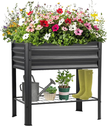 Raised Garden Bed with Legs and Shelf, 2pcs 32"x20"x31.5" Powder Coated Elevated Metal Planter with Legs for Outdoor Vegetables, Standing Raised Beds for Balcony, Patio, Lawn and Backyard