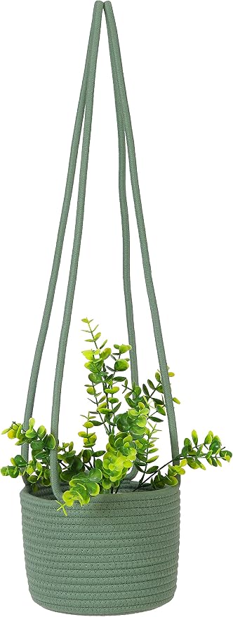 Hanging Planter Basket Jute Rope Woven Plant Hangers Indoor Hanging Plant Holder Up to 7" Pot Macrame Modern Storage Organizer Home Decor (Green)