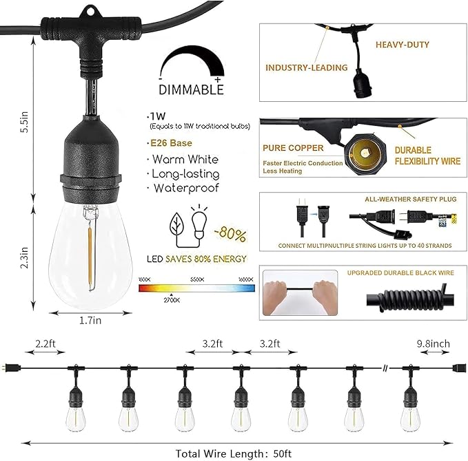Svater Outdoor String Lights Led 105FT, Commercial Grade Patio Light with 1W Dimmable S14 Shatterproof Bulbs, ETL Listed Heavy-Duty Outside Waterproof Cafe Bistro Market Lighting Warm White