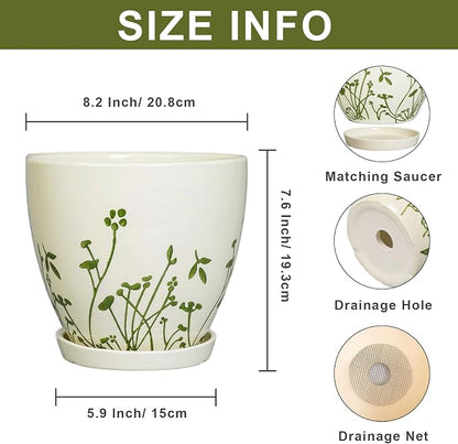 MPotTo Indoor Plant Pot 8.2 Inch - Ceramic Planter with Drainage Hole and Saucer, Boho Round Decorative Flower Pot for Indoor Outdoor Flowers, Plant Lover Gifts, Office Home Garden Patio Decor, White