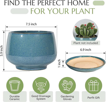 7.5 Inch Flower pots for Indoor Outdoor Plants with Saucer Drainage Leak-Proof Mesh, Ceramic Planter with Gardening Gloves for Succulent and Flower(Crackled Blue)
