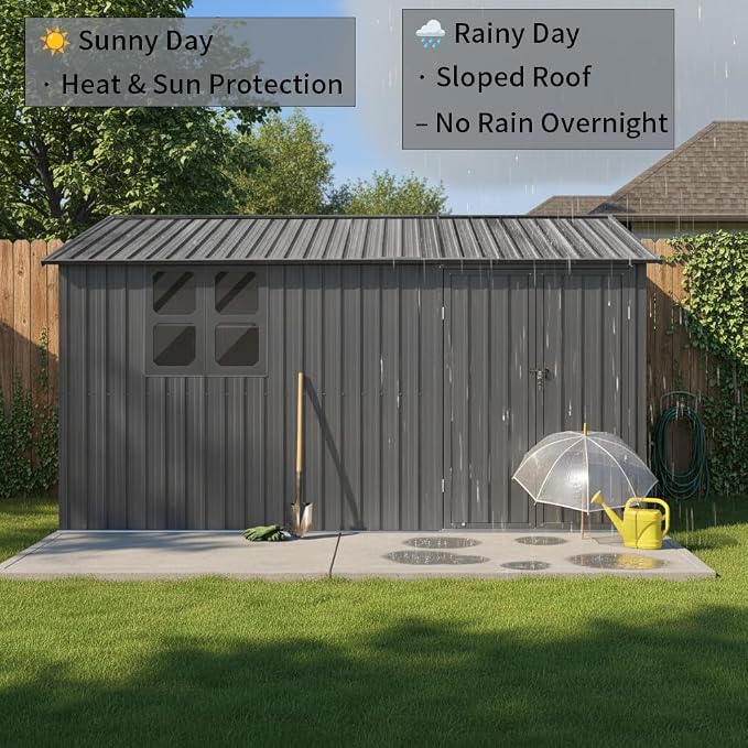 KEIKI 12x10 Ft Metal Outdoor Storage Shed Garden with Window, Foldable Worktable & Shelves, Lockable Door, Waterproof Apex Roof Heavy Duty Tool House for Backyard Garden Lawn, Grey