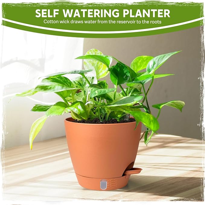 8 Inch Self Watering Pots for Indoor Plants, Plastic Planters with Deep Reservoir & Drainage Holes, Flower Pots for Monstera, Snake Plant & Peace Lily, Worry-Free Vacation Care (Terra Cotta, 8 inch)