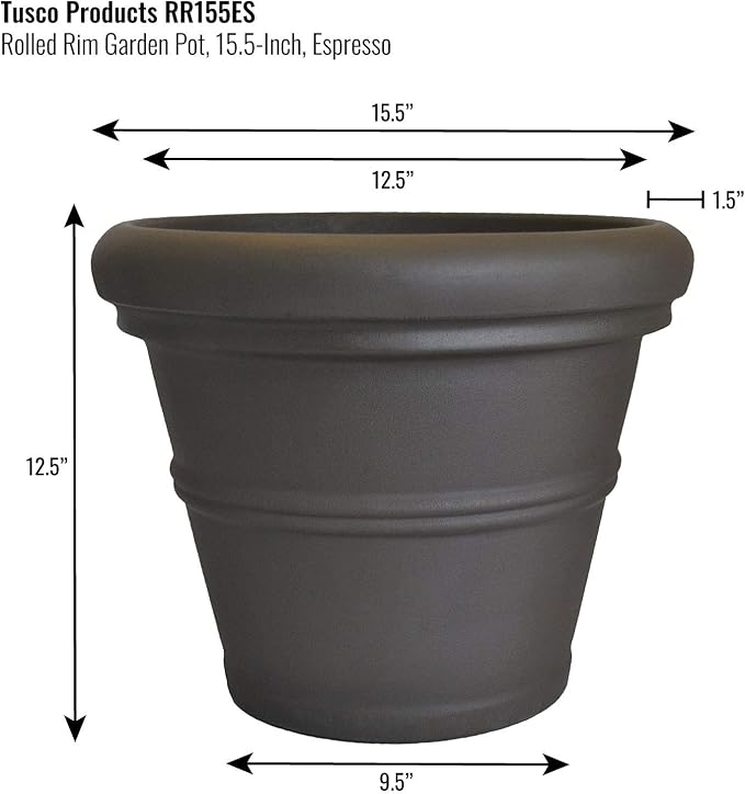 Tusco Products RR155ES Classic Rolled Rim Garden Planter, 15.5", Espresso