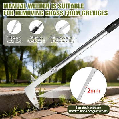 Crack Weeder Crevice Weeding Tool with Adjustable Handle Manual Weed Puller Tool Stainless Steel Crevice Weed Puller for Garden Backyard Sidewalk