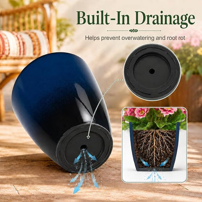 Neoaider Set of 2 Tall Planter, 21 inch Large Plastic Planter, Dark Blue | Ceramic-Look, Lightweight, Built-in Drain Hole, Saucers, Tall Outdoor Planter for Porch, Garden, Patio, Balcony