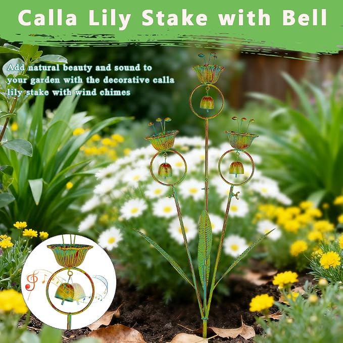 Calla Lily Garden Stake with Bells, Metal Flower Decorative Garden Stakes, 34" H Yard Art for Outdoor Lawn Patio Pathway Decor, Yellow