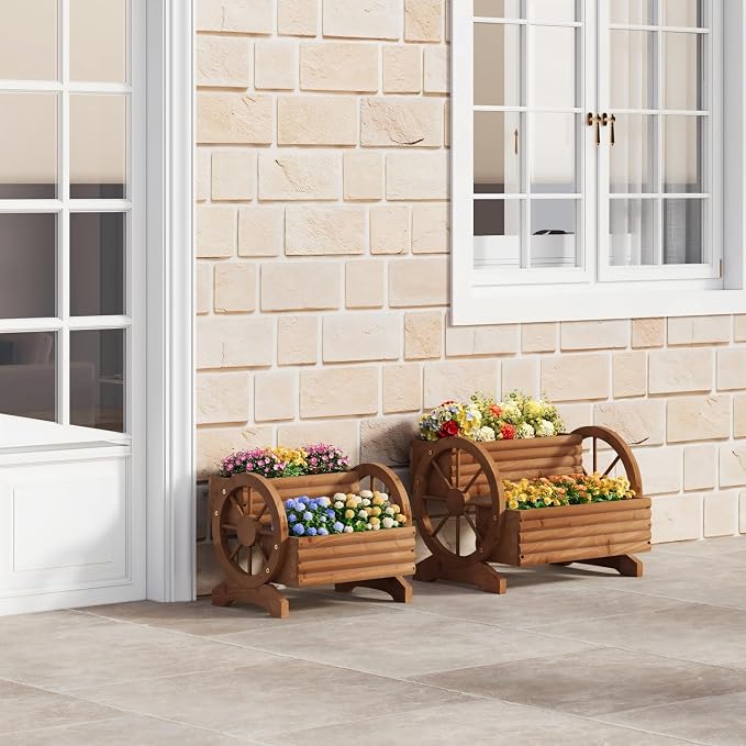 Wooden Wagon Planter Outdoor Flower Cart with Wheels Garden Planter, Decor Planter for Patio Decoration Succulent Flower Pot for Indoor Backyard Yard Decor Porch Balcony Planters (Brown, Medium)