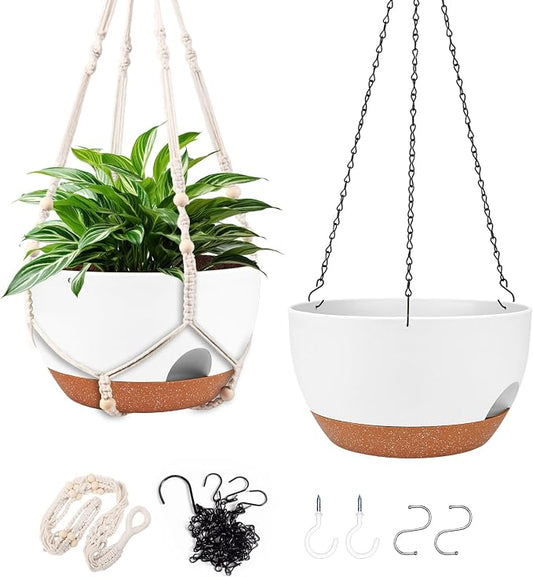 10 Inch Self Watering Hanging Planters with Metal Chain & Macrame Hangers | Reservoir, Drainage Holes, Hanging Planter Basket for Indoor & Outdoor Plants, White