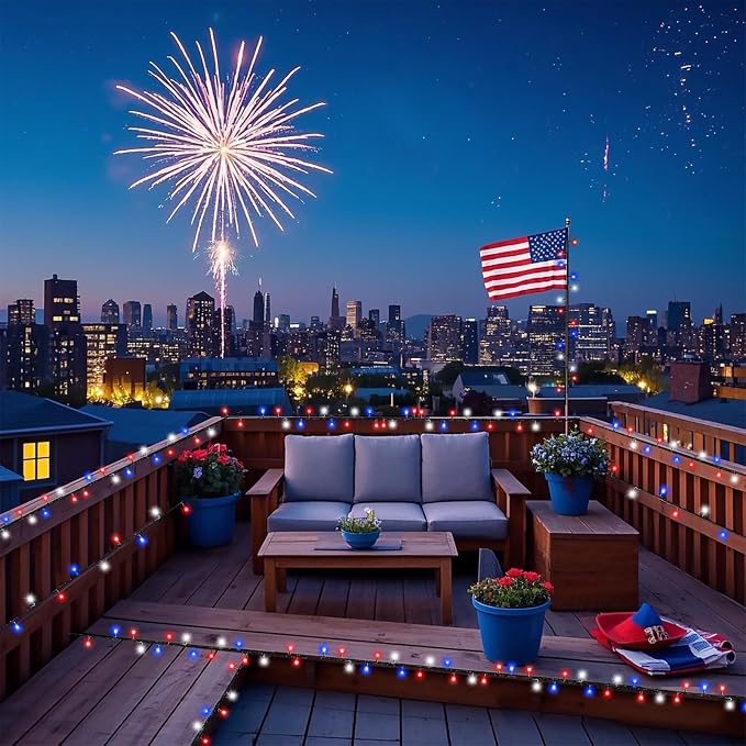 Red White and Blue Lights, 66FT 200 LED 4th of July String Lights Outdoor, Waterproof 8 Modes Connectable Plug In Patriotic Decorations Light for Indoor Independence Memorial Day Party Holiday