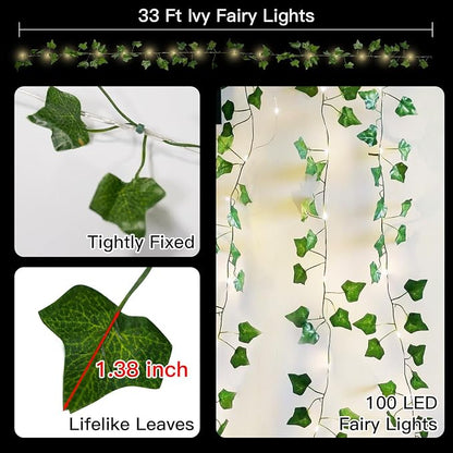 suddus Vine with Fairy Lights Battery Operated, 33ft100 LED Pothos String Lights with Remote, Leaf Lights for Bedroom, Room, Wall, Garden, Party, Wedding Dorm Decor(Warm White)