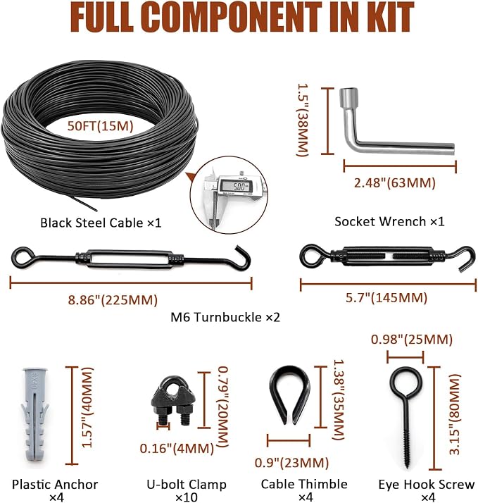 String Light Hanging Kit Outdoor, Full Black Globe String Lights Suspension Kit w/ 50FT PVC Coated Steel Cable & Enough Accessories, Guide Wire for String Lights, Patio Lights, Camping Light
