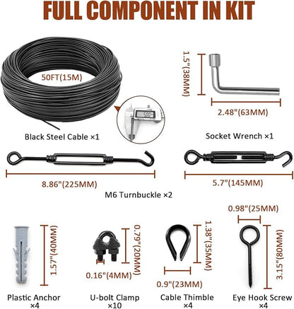 String Light Hanging Kit Outdoor, Full Black Globe String Lights Suspension Kit w/ 50FT PVC Coated Steel Cable & Enough Accessories, Guide Wire for String Lights, Patio Lights, Camping Light