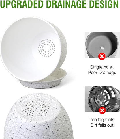 WSMKSZ Large Flower Pots 12/10/9 inch, Set of 3 Modern Decorative Plastic Planters with Drainage Holes and Saucers for Garden House Plants, Plant Pots for Indoor Outdoor Plants, Speckled White