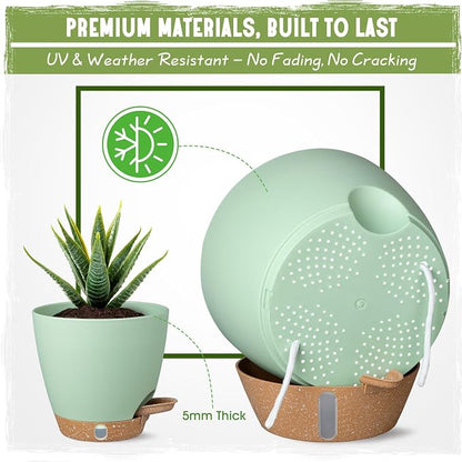 Self-Watering Pots for Indoor Plants 4 Pack, 6/8/10/12 Inch Outdoor Planters with Water Level Indicator & Deep Reservoir, Decorative Flower Pots for Home Decor (Green, 12+10+8+6 Inch)
