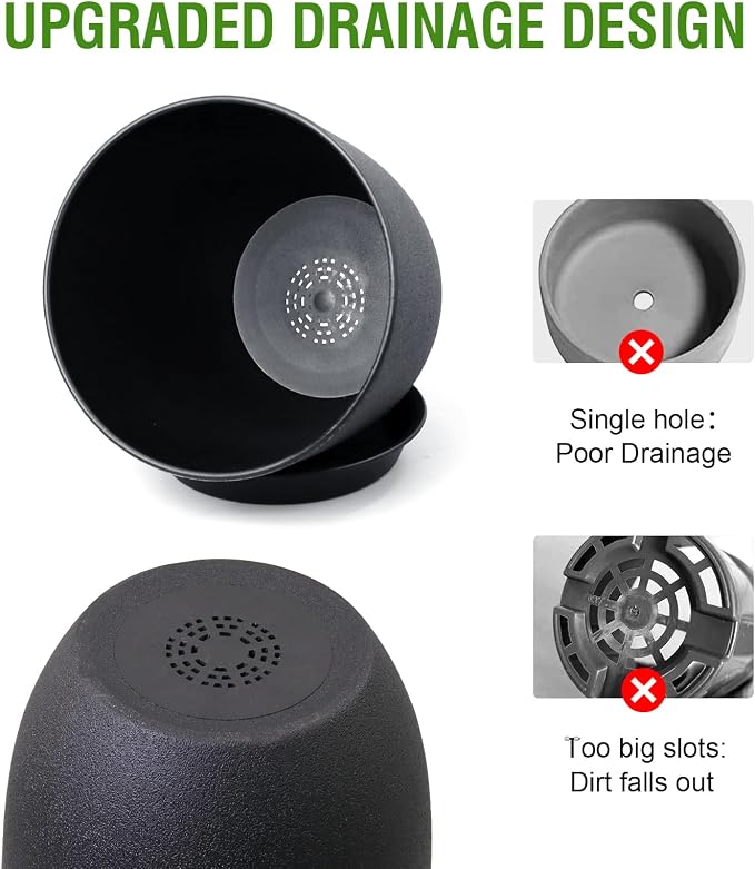 WSMKSZ 10/9/8 inch Medium Plant Pots, 3 Pack Modern Decorative Plastic Planters with Drainage Holes and Saucers, Flower Pots for Indoor Outdoor Plants, Black