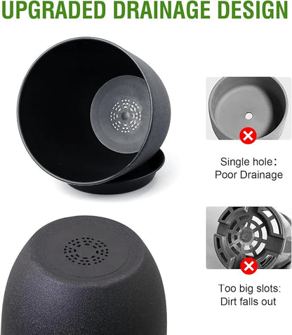 WSMKSZ 10/9/8 inch Medium Plant Pots, 3 Pack Modern Decorative Plastic Planters with Drainage Holes and Saucers, Flower Pots for Indoor Outdoor Plants, Black
