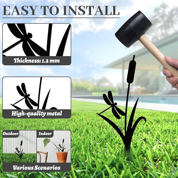WADORN 2Pcs Cattail Reeds & Dragonfly Metal Decorative Garden Stakes, Black Cattails Silhouette Outdoor Statues Rustic Garden Ornament Gifts Yard Art Decor Stakes for Outdoor Backyard Lawn Walkways