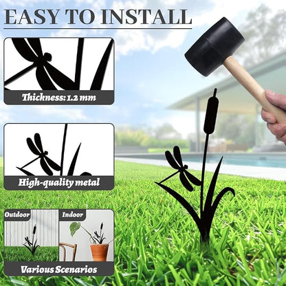 WADORN 2Pcs Cattail Reeds & Dragonfly Metal Decorative Garden Stakes, Black Cattails Silhouette Outdoor Statues Rustic Garden Ornament Gifts Yard Art Decor Stakes for Outdoor Backyard Lawn Walkways