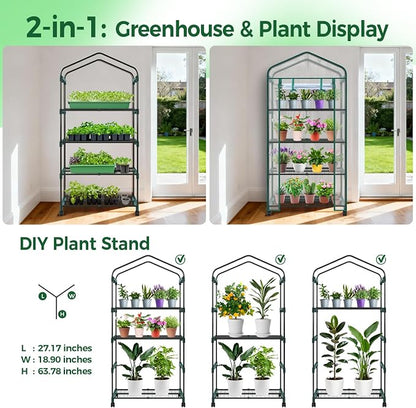 Ohuhu Mini Greenhouse for Indoor Outdoor with Wheel, Small Plastic Plant Green House 4-Tier Rack Stand Portable Greenhouses with Durable PVC Cover for Seedling