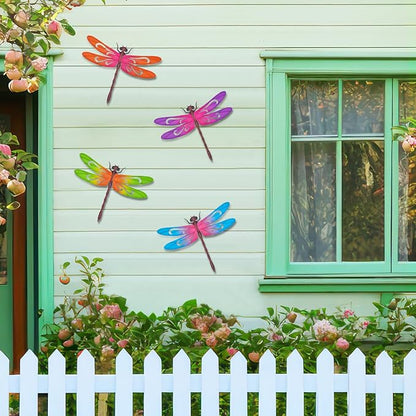 VOKPROOF Metal Dragonfly Wall Art Decor,Outdoor Fence Decor for Patio Yard Garden, Hanging Decorations for Living Room, Bedroom(4 Pack)