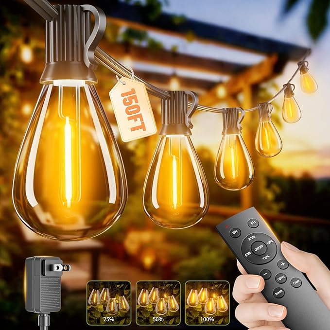 150FT Outdoor String Lights with Remote & Dimmable, 55+2 Shatterproof Waterproof Bulbs, Dimmable Outside Hanging Patio Lights for Backyard, Porch, Deck, Garden 2200K Warm White