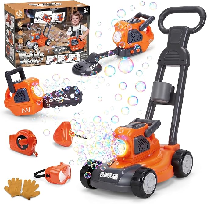 3-in-1 Bubble Lawn Mower for Kids, Electric Bubble Blower with 10 Bubble Solution, Includes Goggles Mask Gloves Ruler, Summer Bubble Toy for Kids