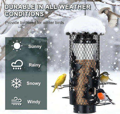 Gbekery Squirrel Proof Bird Feeders for Outdoors Hanging, Black | Metal Wild Bird Feeders for Small Birds with Weight Activated Perches, Weatherproof and Durable, Perfect for Backyard Garden