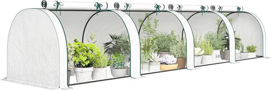 Outsunny Mini Greenhouse, 177.2" x 39.4" x 31.5" Portable Greenhouse with 4 Roll-Up Doors, PE Cover, Small Green House for Indoor Outdoor, White