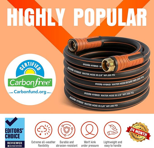Garden Hose 25 ft x 5/8", Heavy Duty Water Hose, Flexible and Durable, Kink Resistant Lightweight Hybrid Hose, Leakproof Yard Hose with Male to Female Fittings