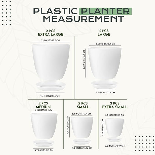 Utopia Home - Plant Pots Indoor with Drainage - 7/6.6/6/5.3/4.8 Inches Flower Pots for Indoor Planter - 10 Pack Plastic Planters - Ideal for Stocking Stuffers or Home Christmas Decorations - White