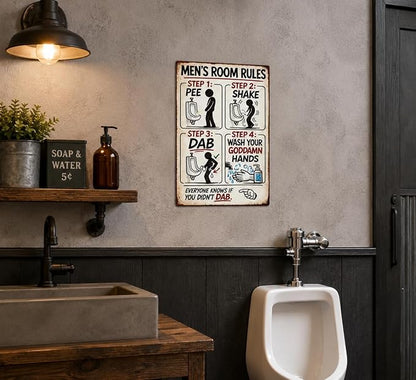 Men's Room Rules Funny Metal Sign, Vintage Bathroom Humor Wall Decor, Retro Restroom Step Guide Plaque for Man Cave Garage Bar Home Bathroom Decor 8x12 Inch