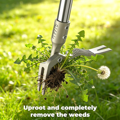 One-Piece Stand Up Weed Puller Tool with Long Handle, 47" No Assembly Stainless Steel Garden Weeder Dandelion Root Removal Without Kneeling