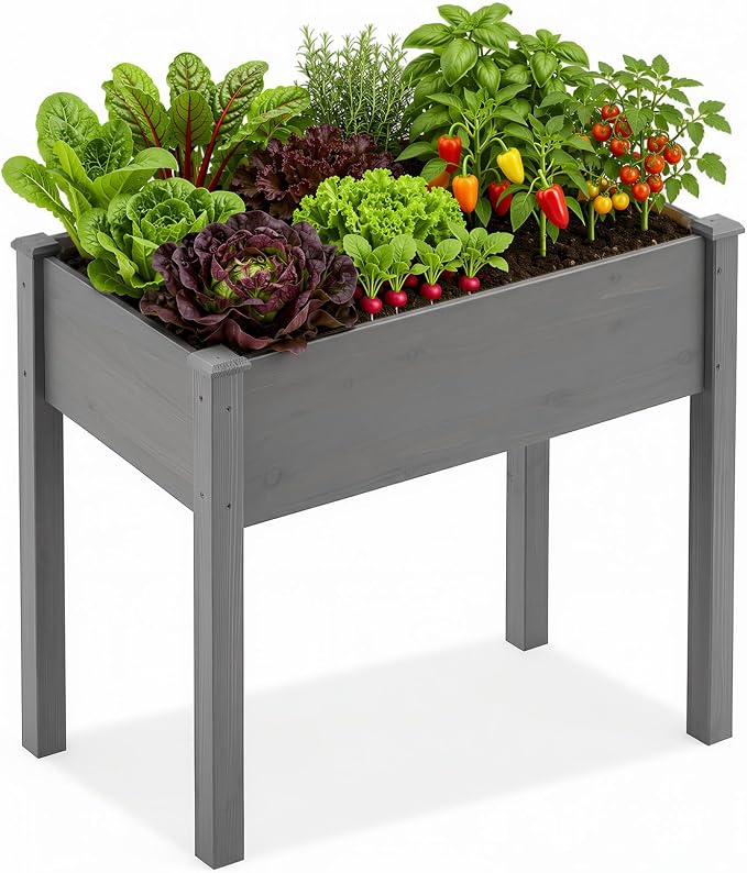 DUMOS Raised Garden Bed 34x18x30 Inch, Outdoor Planter Box with Legs, Elevated Wood Garden Bed with Liner for Herbs Flowers Vegetables, Wooden Planter Box for Patio, Balcony, Backyard, Grey