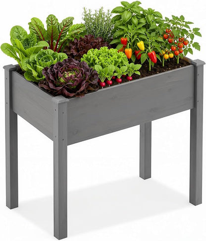 DUMOS Raised Garden Bed 34x18x30 Inch, Outdoor Planter Box with Legs, Elevated Wood Garden Bed with Liner for Herbs Flowers Vegetables, Wooden Planter Box for Patio, Balcony, Backyard, Grey