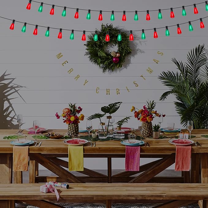 50Ft Outdoor Multicolor String Lights, LED Dimmable Christmas Red/Green Lights Outdoor Waterproof with 25 ST38 Red/Green LED Bulbs, 2700k Shatterproof for Backyard Gazebo Porch Garden Outside Decor