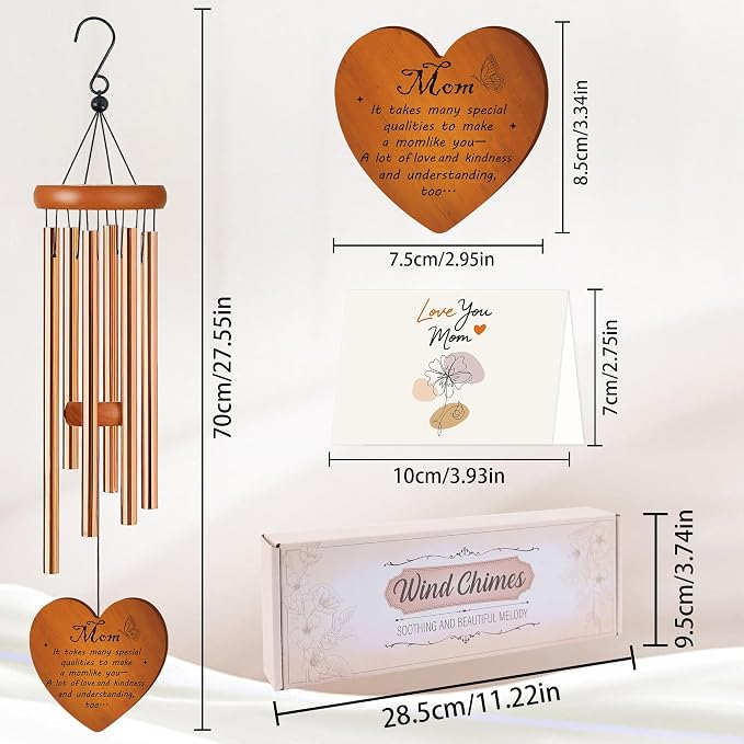 Mom Wind Chime for Outside, Heartfelt for Women, Metal Wind Chime Yard Art, Soothing Home Garden Patio Outdoor Indoor Decor