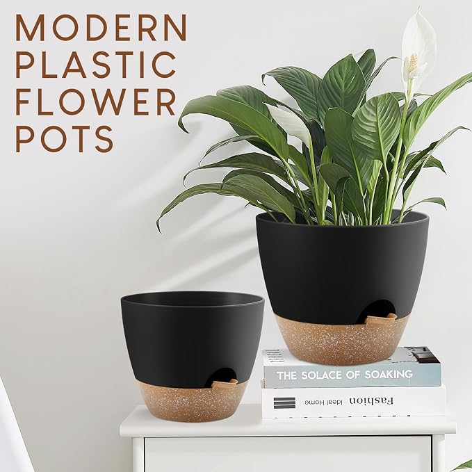 YNNICO Plant Pots 10/9/8/7.5/7 inch, Self Watering Planters with Drainage Holes & Saucers for Indoor and Outdoor Plants (Black)