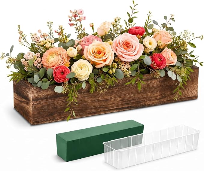 Dandat 1 Set Wood Boxes for Centerpieces 12x4 Inch Rectangle Wooden Planter Box Rustic Wood Planter with Removable Plastic Liner Floral Foam Blocks for Centerpieces Home Wedding Garden Decor