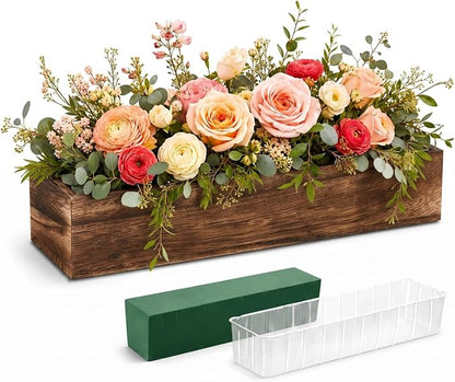 Dandat 1 Set Wood Boxes for Centerpieces 12x4 Inch Rectangle Wooden Planter Box Rustic Wood Planter with Removable Plastic Liner Floral Foam Blocks for Centerpieces Home Wedding Garden Decor