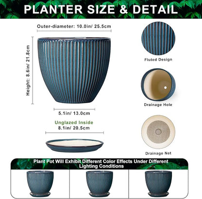 Ceramic Planter, 10 Inch Plant Pot with Drainage Hole and Saucer, Round Planters for Indoor Plants, Decorative Plant Pots, Modern Planter, Living Room Decor, Gifts for Plant Lovers, Retro Blue