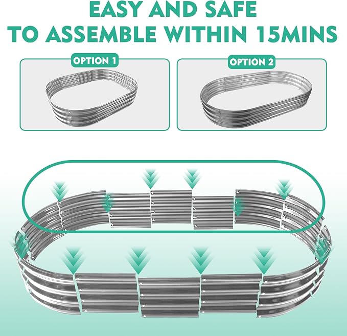 12" Tall Oval-Shaped / Elliptic Metal Raised Garden Bed Outdoor Silver | 72X36X12 Inch,1 FT Tall,0.8MM Thick Galvanized Metal Painted,for Variety of Flowers,Herbs,Vegetables.with Gloves,Tool free