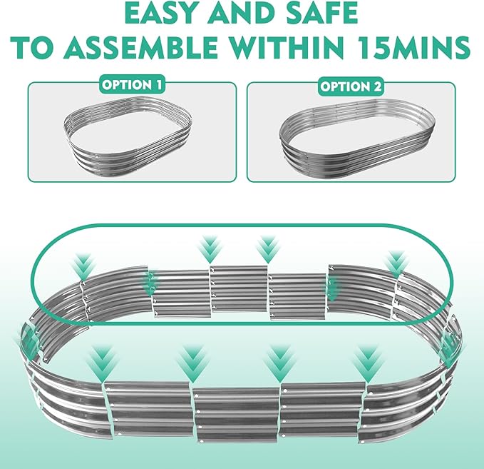 12" Tall Oval-Shaped / Elliptic Metal Raised Garden Bed Outdoor Silver | 60X32X12 Inch,1FT Tall,0.8MM Thick Galvanized Metal Painted,for Variety of Flowers,Herbs,Vegetables.with Gloves,Tool free