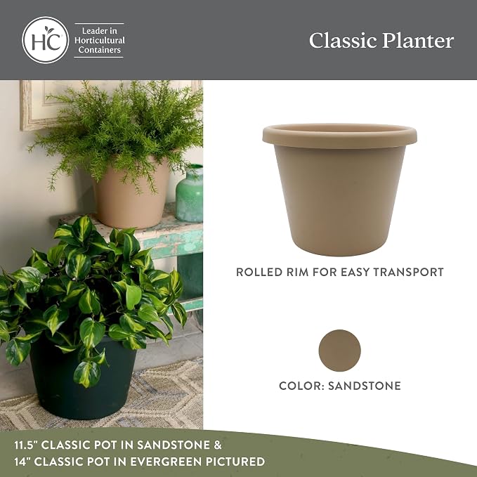 The HC Companies Classic Round Plastic Plant Pot w/Rolled Rim - Lightweight & UV Resistant Flower Pot for Herbs & More - Outdoor & Indoor Plant Pots w/Drainage (17 inch Sandstone, Pack of 1)